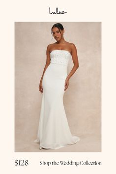 a woman in a white wedding dress with the words shop the wedding collection