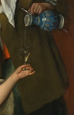 a painting of a person pouring something into a martini glass, with another hand reaching for it