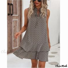 Olivia Mark - Sleeveless Printed Dress with Tie-neck Collar Sleeveless Skirt, Grey Midi Dress, Mini Dress Fashion, Belted Midi Dress, Cotton Blends Dress, Sleeveless Dress Summer, Ruffle Mini Dress, Asymmetrical Skirt, Dress With Tie