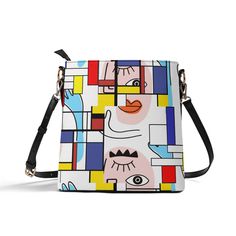 Introducing the ultimate statement accessory - the Mondrian Boho Evil Eye Patchwork Bucket Bag! This unique bag features a playful mix of patterns and colors, creating a one-of-a-kind look. Perfect for adding a touch of quirkiness to any outfit. (No need to take yourself too seriously with this eye-catching bag!) * PU Leather: High-quality PU leather combines sophistication with durability. * Adjustable Shoulder Strap: Customize the fit with a detachable and adjustable shoulder strap * Secure Zi Multicolor Square Bag With Adjustable Strap, Playful Multicolor Crossbody Bag, Trendy Multicolor Rectangular Shoulder Bag, Trendy Multicolor Shoulder Bag With Detachable Strap, Modern Multicolor Satchel With Adjustable Strap, Trendy Colorful Square Shoulder Bag, Fun Crossbody Bags For Daily Use, Multicolor Square Bag With Detachable Strap, Fun Multicolor Shoulder Bag