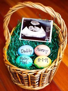 a basket with some eggs in it and a photo on the top that says daddy