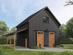 a black barn with two brown doors on the front and one door open to let in light