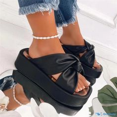 OrcaJump - Chic Patchwork Wedge Sandals for Style and Comfort (Heel Height 2.75 inches) Patchwork Shoes, Big Size Fashion, Heels Slippers, Women Slippers Fashion, Wedges Heels, Heel Slippers, Platform Slides, Shoes Heels Wedges, Platform Slippers