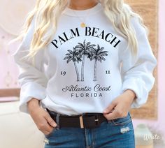 Palm Beach Sweatshirt, Palm Beach Florida Crewneck Sweater, Soft and Comfortable Pullover ♥ View more travel designs ♥ https://etsy.me/2UlYGxF Ideal for any situation, a unisex heavy blend crewneck sweatshirt is pure comfort. Garments are made from polyester and cotton. This combination helps designs come out looking fresh and beautiful. The collar is ribbed knit, so it retains its shape even after washing. There are no itchy side seams on these sweaters. - 50% Cotton 50% Polyester - Medium-heav Fall Vacation Crew Neck T-shirt, Fall Crew Neck T-shirt For Vacation, White Long Sleeve T-shirt For Beach Season, Florida Sweatshirt, California Sweater, Beach Sweatshirt, Island Outfit, Anna Maria Island, Beach Florida