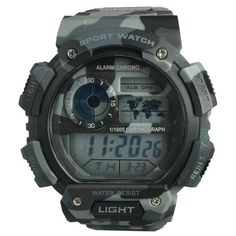 This sporty George men's adult sized digital watch with grey camo pattern is perfect for your outdoor activities with water resistancy up to 50 meters / 165 feet. It features a stop watch, a daily alarm, and a back light for easy reading in the dark. The overall length is 10.43 inches long x 1.73 inches wide x .51 inches high. Color: Gray.  Gender: male. Sporty Wear-resistant Watch For Outdoor, Sporty Wear-resistant Outdoor Watches, Sporty Outdoor Wear-resistant Watches, Casual Sports Digital Watch Wear-resistant, Casual Wear-resistant Digital Watch For Sports, Casual Wear-resistant Sports Digital Watch, Durable Functional Digital Sports Watch, Casual Wear-resistant Digital Watch For Outdoors, Casual Chronograph Digital Watch For Outdoor Activities