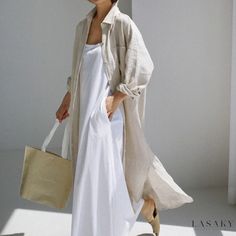 Lasaky - Loose Fit Knee-Length Shirt Dress with Long Cardigan - Cotton Linen Long Sleeve Dress Big Sleeves Dress Casual, Long Linen Shirt Dress, Dress With Long Cardigan, Linen Outfits, Linen Fashion, Cardigan Outfits, Long Shirt Dress, Moda Vintage, Kimono Cardigan