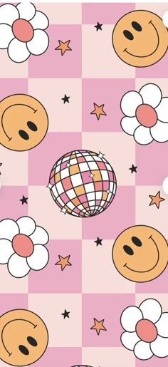 an image of a pattern with flowers and smiley faces on pink checkerboard background