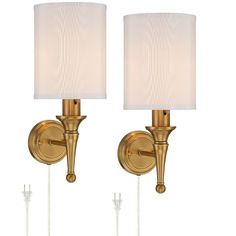 These classic plug-in wall sconces have a warm gold finish and an ivory cotton cylinder shade. These lights install easily and plug into any standard wall outlet allowing you to accent bedrooms, seating areas and more. They are the perfect addition to a traditional, farmhouse or country-cottage setting. Wall Light Sconces, Rustic Wall Lighting, Gold Plugs, Bedroom Accent, Wall Outlet, Traditional Farmhouse, Wall Outlets, Farmhouse Rustic, Rustic Wall