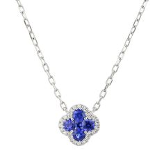 Sapphire and Diamond Clover Pendant Necklace Blue Single Cut Diamond Jewelry In Platinum, Blue Platinum Jewelry With Single Cut Diamonds, Platinum Jewelry With Blue Single Cut Diamonds, Formal Blue Diamond Gemstone Necklace, Platinum Diamond Necklace With Gemstone, Formal Blue Necklaces With Single Cut Diamonds, Formal Blue Gemstone Diamond Necklace, Blue Platinum Necklace With Brilliant Cut, Blue Brilliant Cut Platinum Necklace