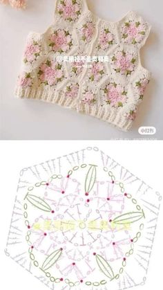 crochet pattern for a vest with flowers on the front and side, along with two