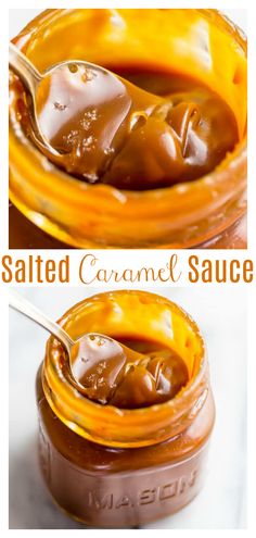 salted caramel sauce in a glass jar with spoon and text overlay that reads salted caramel sauce