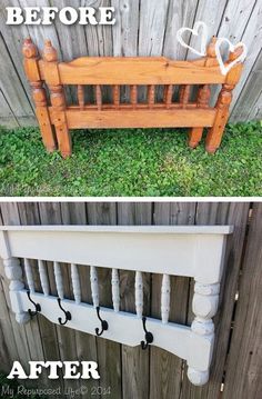 an old bench turned into a coat rack with hooks on the bottom and below it