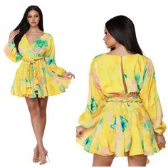 L’atiste After Glow Tie Dye Rainbow Faux Wrap Belted Flare Skater Mini Dress In Great Condition. No Rips, Tears Or Stains. Size: Medium Measurements Bust: 36” Length: 33” Sleeve: 23” Bundle Items For More Discounts And Savings! 5d.2222 Yellow Floral Print Flirty Dress, Flirty Yellow Floral Print Dress, Yellow Floral Print Mini Dress For Party, Yellow V-neck Dress For Party, Yellow V-neck Dress For Night Out, Yellow V-neck Party Dress, Yellow Long Sleeve Dress For Night Out, Neon Yellow Summer Dress For Night Out, Chic Yellow Mini Dress With Floral Print