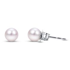 Each of these gorgeous women's stud earrings feature a lustrous Akoya saltwater cultured pearl. Crafted in 14K white gold, the earrings are secured in place with friction backs and the pearls measure 6.5-7mm each. Classic White Gold Akoya Pearl Earrings, Classic Round Akoya Pearl Earrings, Classic White Gold Hypoallergenic Pearl Earrings, White Gold Akoya Pearl Earrings With Prong Setting, White Gold Akoya Pearl Earrings, Classic Akoya Pearl Earrings For Anniversary, White Akoya Pearl Earrings With Prong Setting, Classic Hypoallergenic White Gold Pearl Earrings, Fine Jewelry Pearl White Pearl Earrings