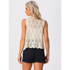 This hollow-out sleeveless cardigan is designed with delicate floral crochet and solid color, offering a sweet and playful look that's perfect for the outdoors. You can match this cardigan with a simple camisole to maximize your wardrobe options. Made with soft fabric, this crochet cardigan is lightweight and breathable, perfect for a day at the beach or poolside lounging. The crochet hollow-out design adds a touch of bohemian charm and allows for a cool breeze to flow through. Casual Hollow Out Sleeveless Top, Casual Sleeveless Hollow Out Top, Beige Hollow Out Top For Spring, Spring Hollow Out Beige Top, Spring Beige Hollow Out Top, Casual Beige Lace Top, Casual Lace Tank Top With Patchwork, Spring Summer Hollow Out Crochet Top, Beige Sleeveless Crochet Top For Day Out