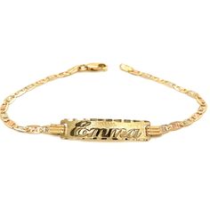 Cherish the Moment with our 14k Yellow Gold Kids and Baby ID Bracelet: Crafted in the timeless Tri-Gold Valentino Link style, this bracelet is a symbol of Elegance and Love. We believe in the power of personalization. Your child's name is expertly cut from solid 14k Gold and elegantly overlaid on the bracelet, creating a one-of-a-kind accessory. Additionally, you have the option to engrave a significant date on the back of the nameplate, transforming this bracelet into a cherished keepsake.  Whether it's a birth, a baptism, or simply an expression of love, this 14k Gold Kids ID Bracelet is a heartfelt and timeless gift that symbolizes the beauty of childhood and the joy of growing up. Order this beautiful bracelet today and look forward to receiving it within 4 business days within the Uni Baby Boy Jewelry Gold Bracelets, Fine Jewelry 14k Stamped Bangle, Heirloom 14k Yellow Gold Bracelets, Heirloom 14k Yellow Gold Bracelet, Heirloom Yellow Gold Bracelet With Polished Finish, Fine Jewelry 14k Stamped Bracelet, Heirloom Gold Bracelets Engraved, Heirloom Gold Engraved Bracelets, 14k Gold Stamped Bangle Bracelet