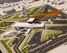 an artist's rendering of a large airport with lots of parking spaces and buildings