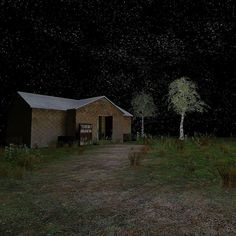 a small house sitting in the middle of a field at night with stars above it