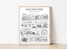 a black and white poster with the words our love story written in different languages on it