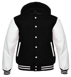 Hooded Varsity Lettermen baseball Jacket Black with White Genuine Leather Sleeves Custom Letterman School Jacket, Hoodie Jacket Women, Biker Jacket Men, Royal Clothing, Retro Sports, Leather Sleeves, Wholesale Shirts, Letterman Jacket, Leather Sleeve