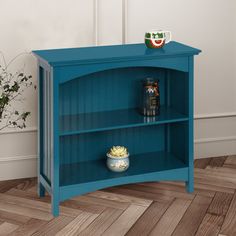 a blue book shelf sitting on top of a wooden floor next to a potted plant