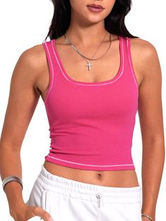 Crafted from a luxurious blend of 46% cotton, 46% rayon, and 8% spandex, this Cotton Rib Tank offers a soft touch and perfect stretch for all-day comfort. Featuring a square neck, fitted crop design, and chic contrast stitching, its double-layered breast area and removable pads provide ample support for bra-free wear. This versatile tank pairs seamlessly with yoga pants, shorts, skirts, jeans, and more, making it ideal for yoga, workouts, vacations, or casual wear. Transition easily from summer Fitted Tank Top For Loungewear, Casual Pink Square Neck Tank Top, Trendy Fitted Tank Top For Loungewear, Fitted Square Neck Tank Top, Casual Style, Everyday Cotton Tank Top With Square Neck, Fitted Pink Square Neck Tank Top, Square Neck Cotton Tank Top For Everyday, Cotton Square Neck Tank Top For Everyday, Casual Fitted Square Neck Tank Top