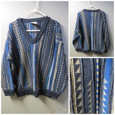 "vintage Toorallie sweater Coogi Style Sweater made in Australia. 100% Merino wool- Shades of blue with textured weaves. This is a chunky knit, Very Artsy and perfect for cooler weather. This is in very nice condition, mild wear- no stains tears or holes this is suitable for Men, Women marked size Mens L Measurements taken laying flat: armpit to armpit 23\" top to bottom of sweater 24\" armpit to bottom of sleeve 20\"" Bohemian Wear, Blue Shades Colors, Coogi Sweater, Style Sweater, Pattern Sweater, Sweater Making, Blue Pattern, Blue Sweaters, Chunky Knit