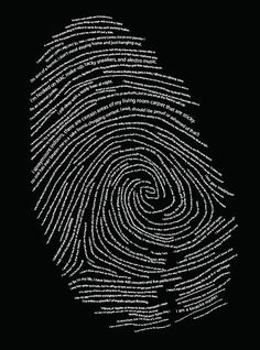 a fingerprint with words written in the shape of a circle on a black background