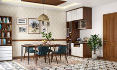 a dining room with a table and chairs next to a book shelf filled with books