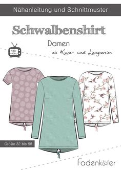 three women's tops and top sewing pattern with the words schwalbenshirt