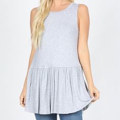 Ruffle Bottom Sleeveless Top Total Body Length: 28.5", Chest: 36" Approx. - Measured From Small 93% Rayon 7% Spandex Machine Wash Imported Gray Sleeveless Tank Top For Layering, Dressy Leggings, Los Angeles Fashion, Grey Crewneck, Los Angeles Style, Boutique Tops, Total Body, Womens Tunics, Casual Denim