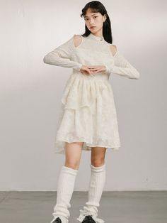 Hollow Off-the-shoulder Long-sleeved Dress - DIDDI MODA – ARCANA ARCHIVE Character Fashion, Arcana Archive, Oc Inspiration, Sleeved Dress, White Metal, Shoulder Sleeve, Dress Collection, Off The Shoulder, High Neck Dress