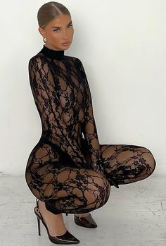 Womens Black Jumpsuit, Jumpsuit Long Sleeve, Lace Stockings, Y2k Women, Jumpsuit Long, Black Lace Bodysuit, High Fashion Outfits, Costume Intero, Long Jumpsuits