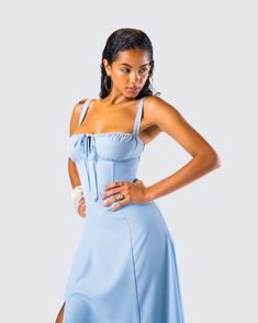 Feeling blue has never looked so cute 😌 With its dreamy hue and flowy silhouette, this dress featuring corset boning, a lace-up back, and a tie at the center bust is full of whimsy 💙 Mini Dress With Sweetheart Neckline And Tie Back, Blue Dress With Boned Bodice And Spaghetti Straps, Blue Corset Dress With Boned Bodice, Light Blue Spaghetti Strap Dress With Tie Back, Spring Blue Corset Dress With Boned Bodice, Blue Boned Bodice Corset Dress For Spring, Summer Blue Dress With Boned Bodice, Blue Corset Dress With Sweetheart Neckline And Boned Bodice, Blue Summer Corset Dress With Boned Bodice