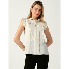 This Allegra K Women's Ruffle Shirt is perfect for spring and summer, suitable for various occasions such as office, work, business, casual, and dates. The sleeveless design with ruffled trim and keyhole button neck adds an elegant and feminine touch. This solid color top can be paired with jeans or straight-leg pants for work, or flared skirts for daily outfits. Made of 100% polyester, it offers a regular fit and is machine washable in cold water with like colors. Available in multiple sizes, t Casual Beige Blouse For Office, Casual Beige Office Blouse, Solid Summer Workwear Blouse, Solid Color Summer Workwear Blouse, Summer Workwear Blouse, Solid Summer Office Tops, Solid Color Sleeveless Blouse For Work, Trendy Beige Office Blouse, Casual Sleeveless Blouse For Office