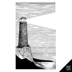 a black and white drawing of a lighthouse on top of a hill with water below it