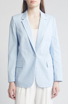 This lightweight linen-blend blazer is designed in a longline one-button silhouette. 28" length One-button closure Notched lapels Front flap pockets 66% linen, 30% viscose, 4% elastane Dry clean Imported Spring Blazer With Single Button And Notch Lapel, Spring Single Button Blazer With Notch Lapel, Linen Single Button Blazer For Office, Single Button Linen Blazer For Office, Spring Blazer With Notch Lapel And Hidden Buttons, Spring Blazer With Hidden Button And Notch Lapel, Spring Notch Lapel Blazer With Hidden Button Closure, Spring Single Button Flat Front Blazer, Spring Single Breasted Flat Front Blazer