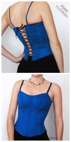 two pictures of a woman wearing a blue corset