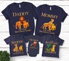 the lion king family shirts with their names on them, including two children's t - shirts