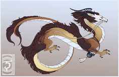 a drawing of a golden and black dragon with horns on it's back legs