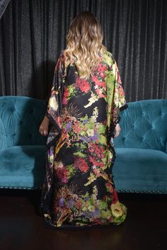 floral Kaftan Abaya floor length Black Printed V-neck Kaftan, Black Maxi Dress For Spring Loungewear, Spring Black Maxi Dress For Loungewear, Silk Loungewear Dress With Kimono Sleeves, Silk Kimono Sleeve Loungewear Dress, Bohemian Black Kaftan For Loungewear, Black V-neck Kaftan For Loungewear, Floral Print V-neck Maxi Dress For Loungewear, Black Printed Kaftan With Kimono Sleeves