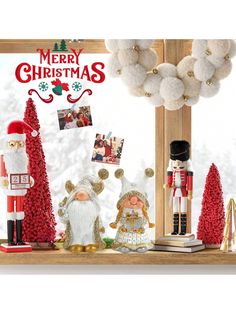 a christmas scene with nutcrackers, santa clause and other decorations on a window sill