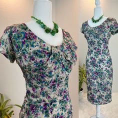 "1950s dress / 50s wiggle dress / 50s dress / 1950s silk dress with sequins  This 1950s dress is perfect for adding some vibrant color to your wardrobe. She is a 1950s silk wiggle dress in cream with a vibrant floral pattern and sequin adornments. She has a beautiful structured bust, is fully lined, and has a center back metal zipper. She is stunning in person and pictures don't do her justice. Measurements provided are flat and have been doubled. Makers tag is Lilli Russel Bust 36\" Waist 26\" 1950s Style Fitted Silk Dress, 1950s Style Silk Party Dress, 1950s Style Short Sleeve Party Dresses, 1950s Fitted Vintage Dress For Party, Vintage Sequin Dresses For Vintage Events, Vintage Sequin Dress With Fitted Bodice, Vintage Fitted Sequin Dress, Fitted Vintage Sequin Dress, Vintage Silk Dress With Sequins