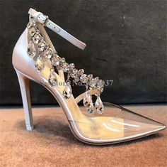 VCSHOES Women Pointed Toe PVC Diamond Ankle Strap Pumps Transparent Rhinestone High Heels Formal Dress Shoes Wedding Shoes 5 Formal Dress Shoes, Rhinestone High Heels, Wedding Dress Shoes, Shoes Wedding, Ankle Strap Pumps, Strap Pumps, Formal Dress, Wedding Shoes, Ankle Strap