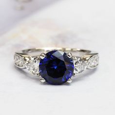 8mm Platinum Plated Silver 2ct Sapphire CZ 3 Stone Wedding Engagement Ring set Noblesse Oblige, Blue Engagement Ring, Real Diamond Rings, Stone Wedding, Sterling Silver Wedding Rings, Everyday Ring, Blue Sapphire Ring, Diamond Alternatives, Wedding Engagement Ring