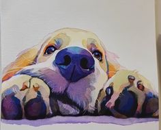 a watercolor painting of a dog's face with his paws on the ground