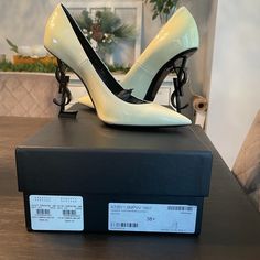 Brandnew Never Worn No Scuff Marks On Shoes 100% Authentic Cream Color Ysl Heel Designer Cream Heels With Leather Sole, Designer Cream Closed Toe Heels, Designer Cream Closed-toe Heels, Ysl Heels, Saint Laurent Shoes, Shoes Brand, Shoe Brands, On Shoes, Cream Color