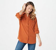 Borrowed from the boys, but cut just for women, this tunic shirt has roll-tab sleeves and feminine front pockets. Wear it with or without a blazer, and add a statement necklace for a wow look. From Denim & Co.(R) Fashions. Office Blouse With Roll-up Sleeves For Fall, Fall Office Blouse With Roll-up Sleeves, Versatile Fall Blouse With Roll-up Sleeves, Fall Office Blouse With Rolled Sleeves, Chic Blouse With Rolled Sleeves For Fall, Chic Blouse With Roll-up Sleeves For Fall, Chic Fall Blouse With Roll-up Sleeves, Rolled Sleeves Blouse For Day Out In Fall, Casual Shirt With Rolled Sleeves For Fall