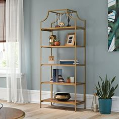 a living room scene with focus on the bookshelf and potted plant in the corner