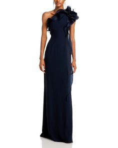 Teri Jon by Rickie Freeman Ruffled One Shoulder Gown Women - Bloomingdale's Elegant Maxi Length Gown With Ruffles, Elegant Maxi Gown With Ruffles, Formal Ruffled Pre-draped Gown, Formal Pre-draped Gown With Ruffles, Evening Gown With Ruffles And Floor-length, Silk Evening Gown With Ruffles, Elegant Formal Maxi Dress With Ruffles, Formal Floor-length Evening Dress With Ruffles, Elegant Ruffled Maxi Dress For Wedding